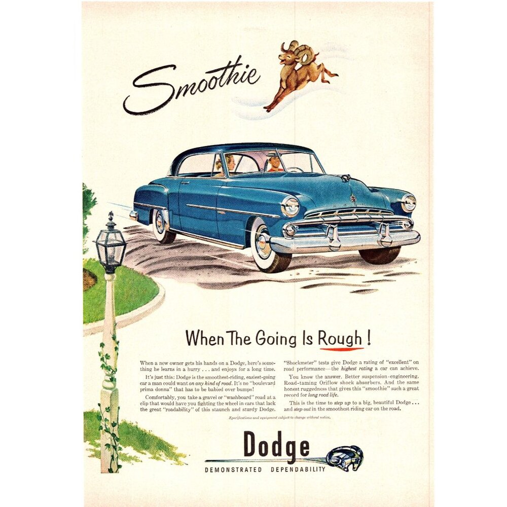 1952 Dodge Coronet Coupe Vintage Print Ad Ram Smoothie 50s Man Cave Wall Art